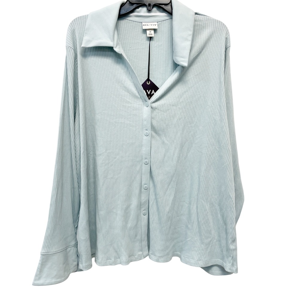 Ava & Viv Women's Light Blue Ribbed Long Sleeve Button Down Top Size 3X